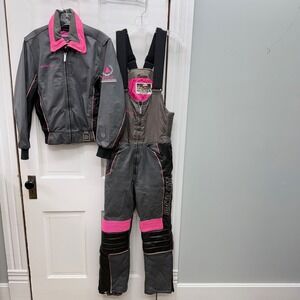 Vintage Arctic Cat Leather Snowsuit snowmobile Jacket Bibs Grey Pink Women Small